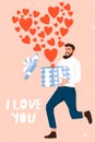 Valentine`s day card with happy man. Man runs with a cute gift.
